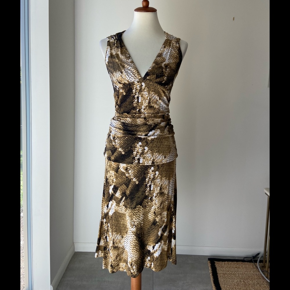 2 piece cool, unique & special Yigal Azrouel snake/sequin print skirt & top.